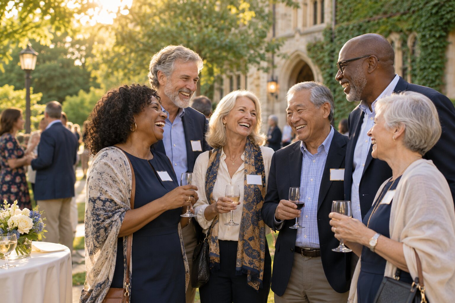Former classmates enjoying an alumni reunion